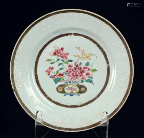 A rare famille rose Chinese plate with basket of p…