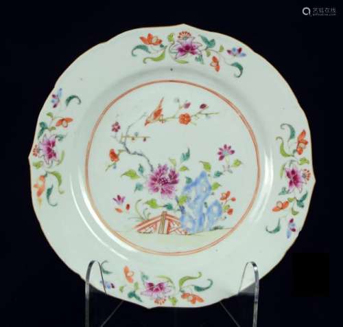 A Chinese famille rose plate with flowers, fence, …