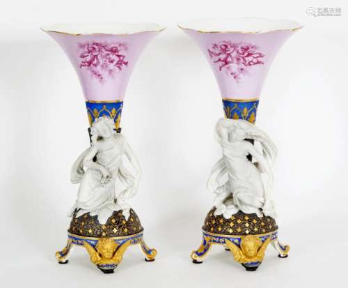 Pair of quadripod cone shaped vases in polychrome …