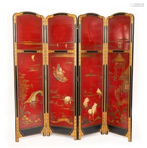 Four leaf black and gold lacquered wooden screen d…