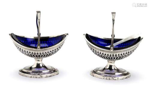 Two Dutch silver salt cellars with blue glass line…
