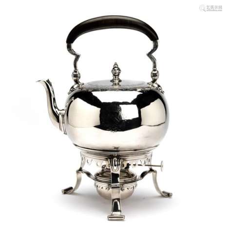 A Dutch silver tea kettle on stand with burner, Th…
