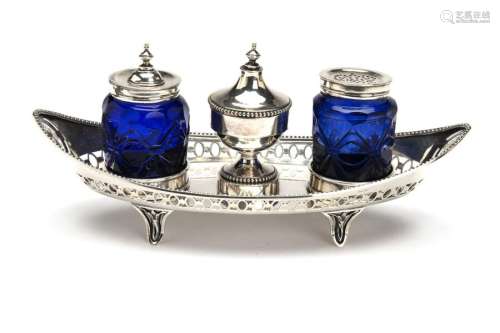 A Dutch silver ink stand with blue glass jars