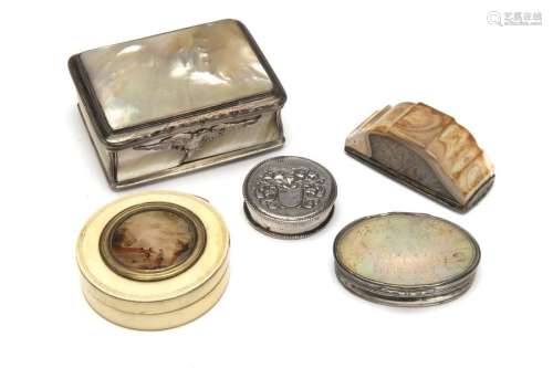 Five various silver boxes with mother of pearl and…