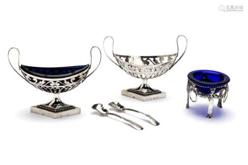 A pair of Dutch silver salt cellars with one glass…
