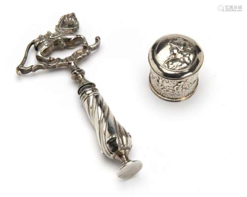A Dutch silver corkscrew and a scent box
