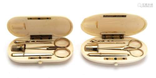 Two 14K sewing sets in ivory cases