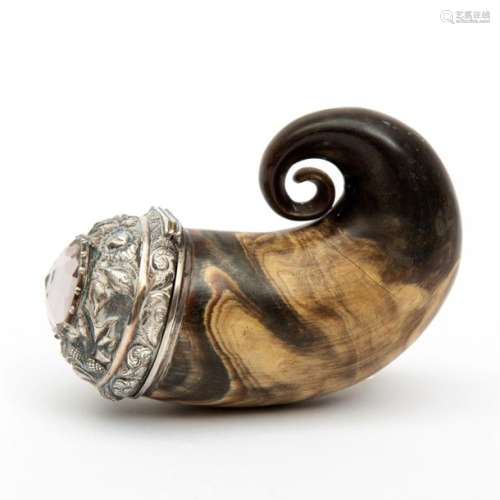A Dutch tobacco box, rams' horn with silver mounti…