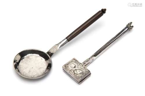 A Dutch silver frying pan and a waffle iron