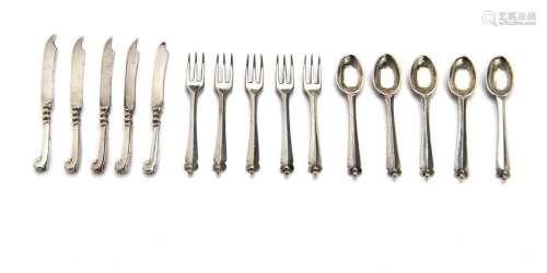Five miniature silver spoons, forks and knives