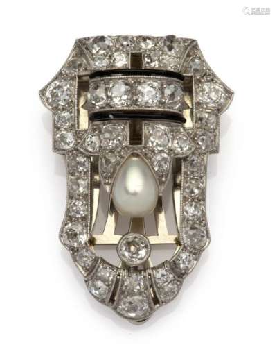 A platinum Art Deco pearl and diamond clip