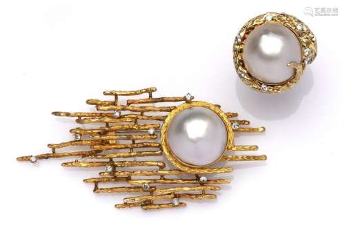 A 14k gold mabé pearl and diamond brooch and ring