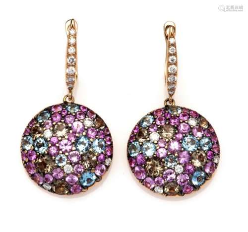 A pair of 18k pink gold gem set and diamond earrin…