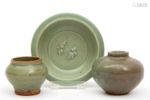 Three small pieces of old celadon pottery