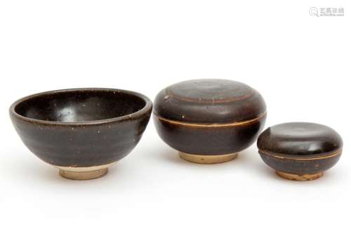Three pieces of brown glaze pottery