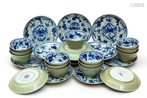 Thirteen blue and white cups and saucers with cela…