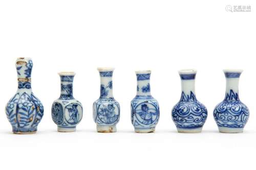 Six miniature blue and white vases