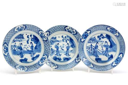 Three blue and white Long Eliza plates