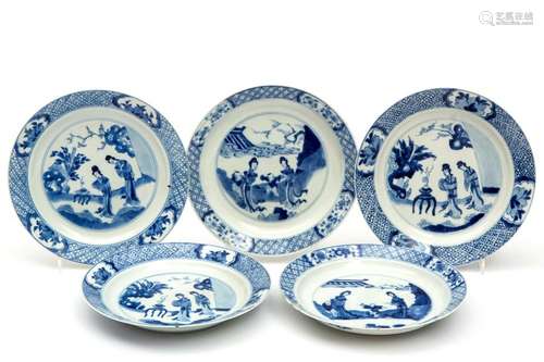 Five blue and white Long Eliza plates