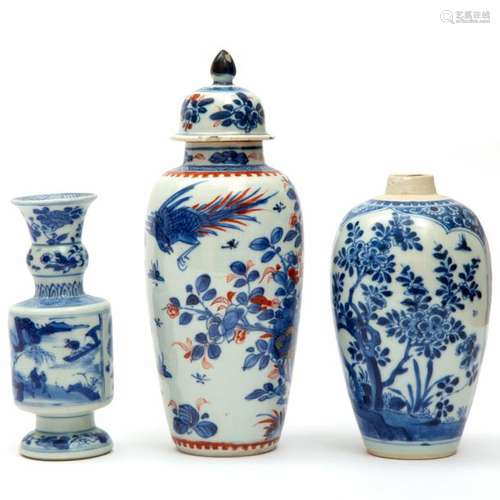 Three blue and white porcelain vases