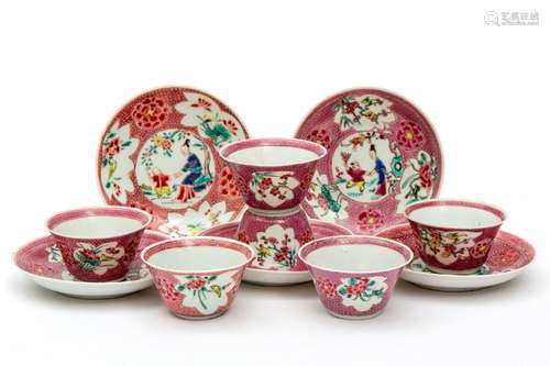 Five famille rose cups saucers