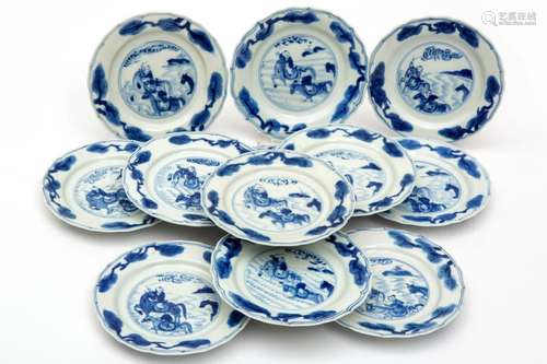 Twelve small blue and white plates, horses and fig…