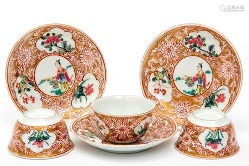 Three small size famille rose cups and saucers