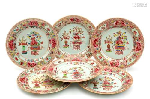 Six floral famille rose plates