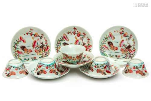 Five famille rose cockerel cups and saucers