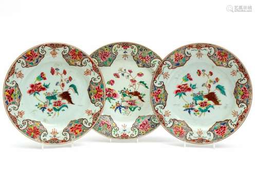 Three famille rose floral chargers