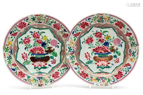 Two famille rose floral charger plates