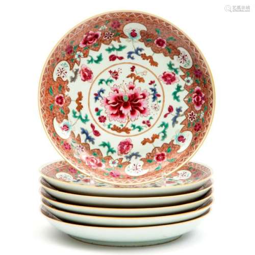 Six large famille rose floral plates