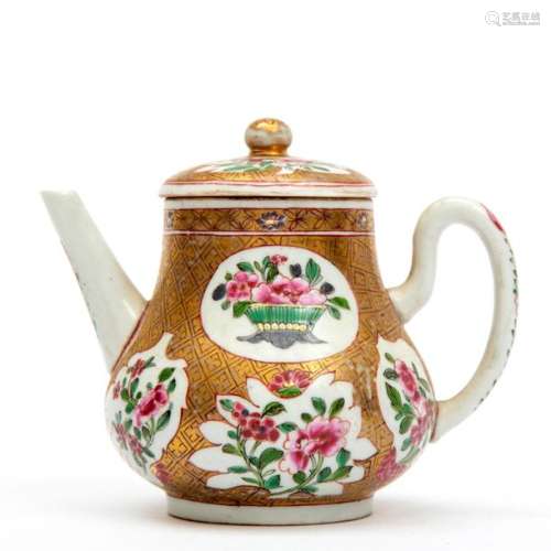 A heavily gilded famille rose floral teapot