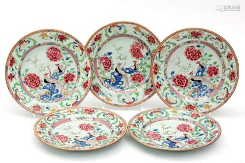 Five famille rose bird plates