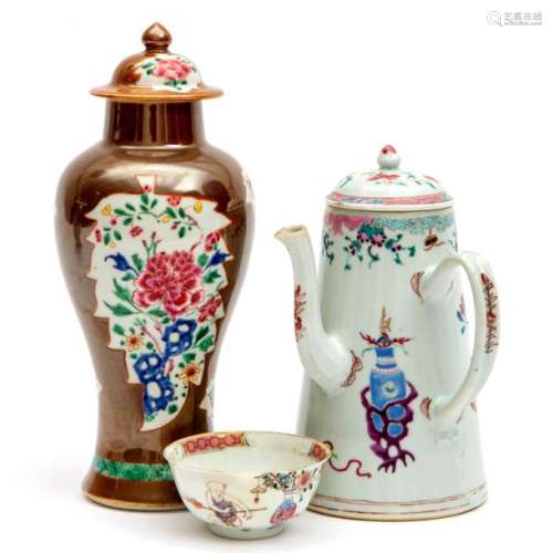 A chocolate pot, a Batavia ware lidded vase and a …