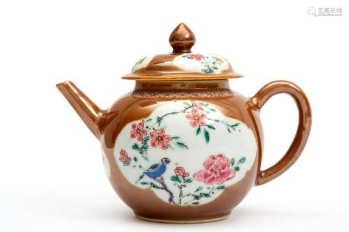 A Batavia ware brown glazed famille rose teapot