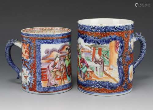 Two famille rose mandarin tankards