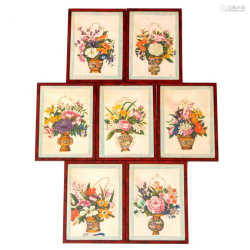 Seven Chinese flower basket paintings on pith rice…