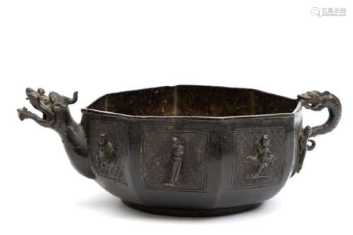 A Ming bronze octagonal bowl with figures in relie…