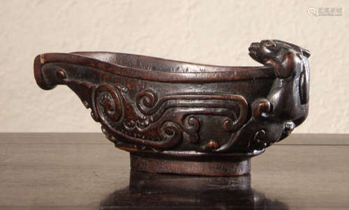 A CHENXIANG WOOD CUP WITH BEAST HANDLE