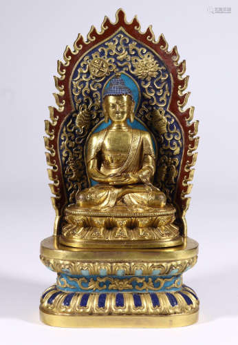 A GILT BRONZE BUDDHA STATUE ENAMELING BLUE