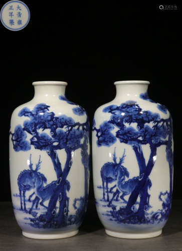 PAIR OF BLUE&WHITE GLAZE VASE PAINTED WITH DEER&TREE