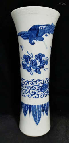 A BLUE&WHITE GLAZE VASE WITH BIRD&FLOWER PATTERN