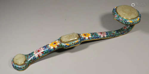 A CLOISONNE RUYI EMBEDDED WITH HETIAN JADE