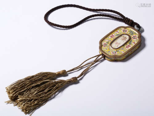 A CLOISONNE TABLET PAINTED WITH FLOWER