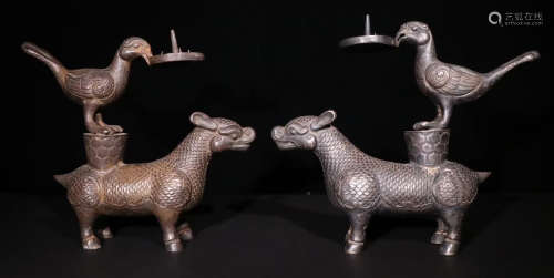 PAIR OF SILVER CANDLE HOLDER SHAPED WITH BEAST