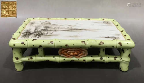 A WHITE GLAZE INK BED PAINTED WITH LANDSCAPE