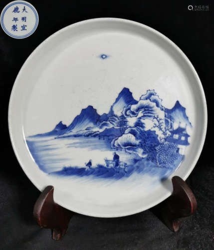 A BLUE&WHITE GLAZE PLATE PAINTED WITH LANDSCAPE