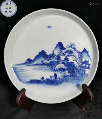 A BLUE&WHITE GLAZE PLATE PAINTED WITH LANDSCAPE