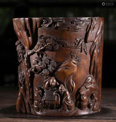 A HUANG YANG WOOD BRUSH POT CARVED WITH STORY PATTERN